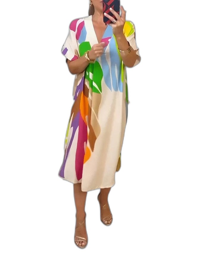 Effortless Abstract Midi Dress for Women with V Neck Short Sleeve Flowing Oversized Casual Style