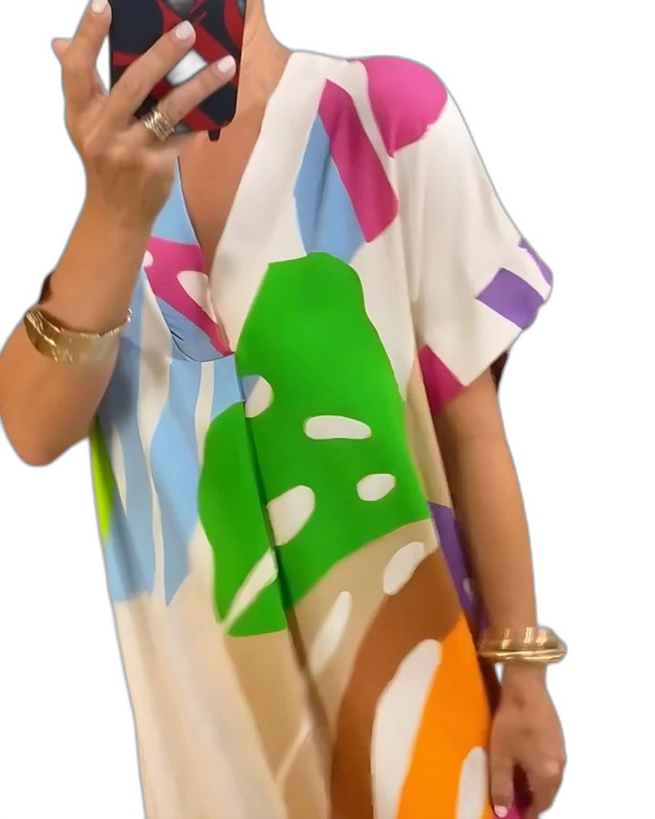 Effortless Abstract Midi Dress for Women with V Neck Short Sleeve Flowing Oversized Casual Style