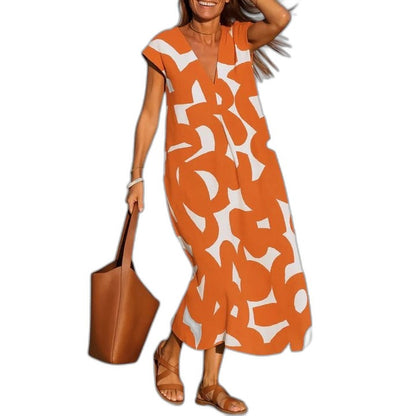 Effortless Abstract Midi Dress for Women with V Neck Short Sleeve Flowing Oversized Casual Style