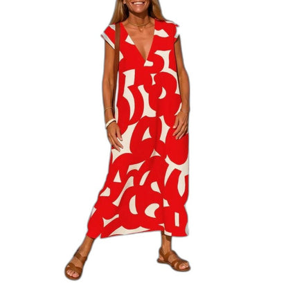 Effortless Abstract Midi Dress for Women with V Neck Short Sleeve Flowing Oversized Casual Style