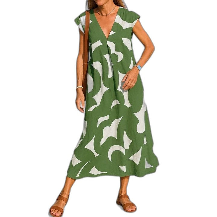 Effortless Abstract Midi Dress for Women with V Neck Short Sleeve Flowing Oversized Casual Style