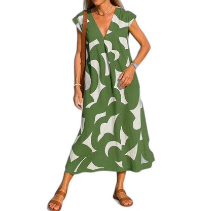 Effortless Abstract Midi Dress for Women with V Neck Short Sleeve Flowing Oversized Casual Style