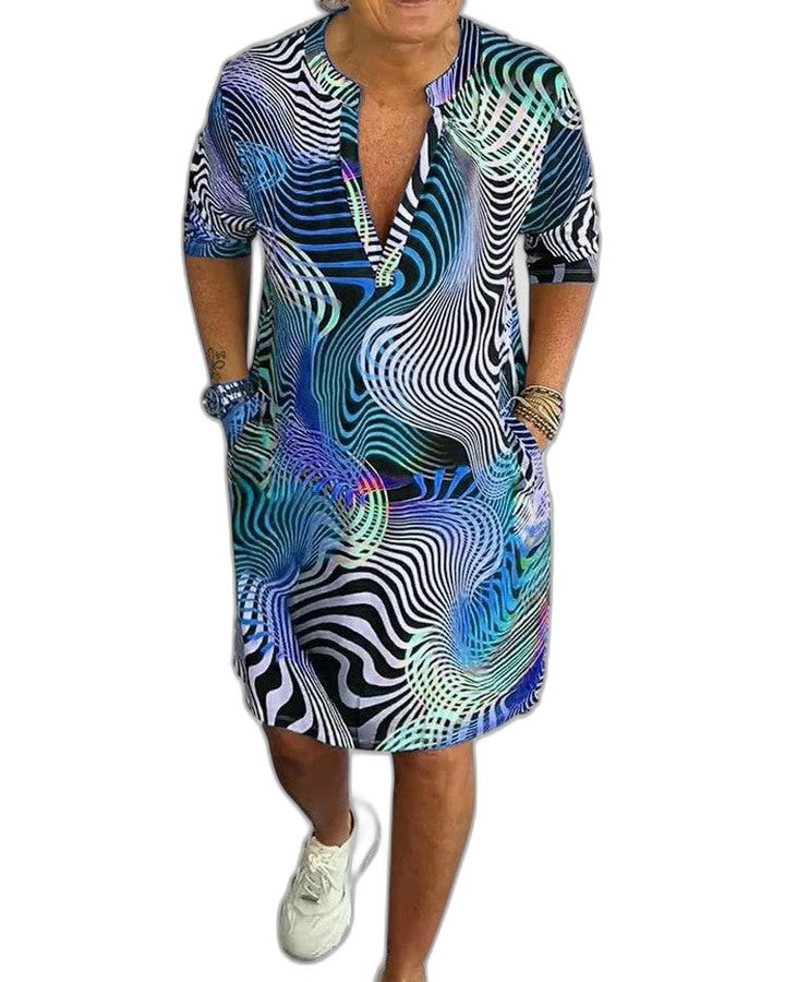 Effortless Abstract Midi Dress for Women with V Neck Short Sleeve Flowing Pockets Casual Style
