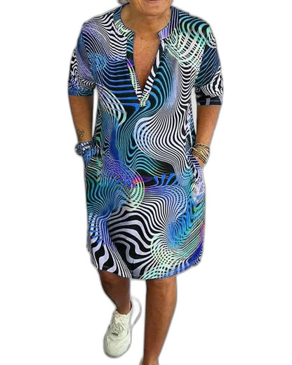 Effortless Abstract Midi Dress for Women with V Neck Short Sleeve Flowing Pockets Casual Style