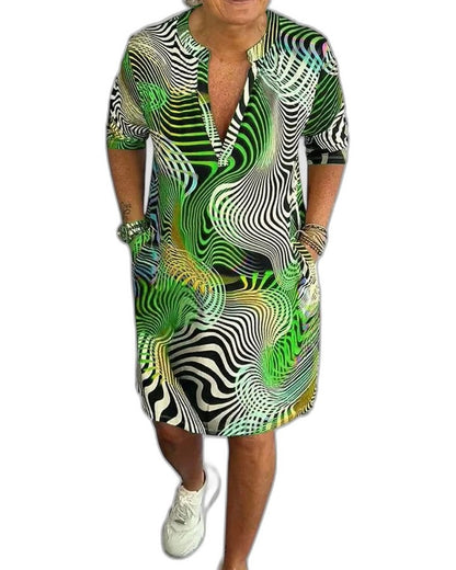 Effortless Abstract Midi Dress for Women with V Neck Short Sleeve Flowing Pockets Casual Style