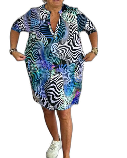 Effortless Abstract Midi Dress for Women with V Neck Short Sleeve Flowing Pockets Casual Style