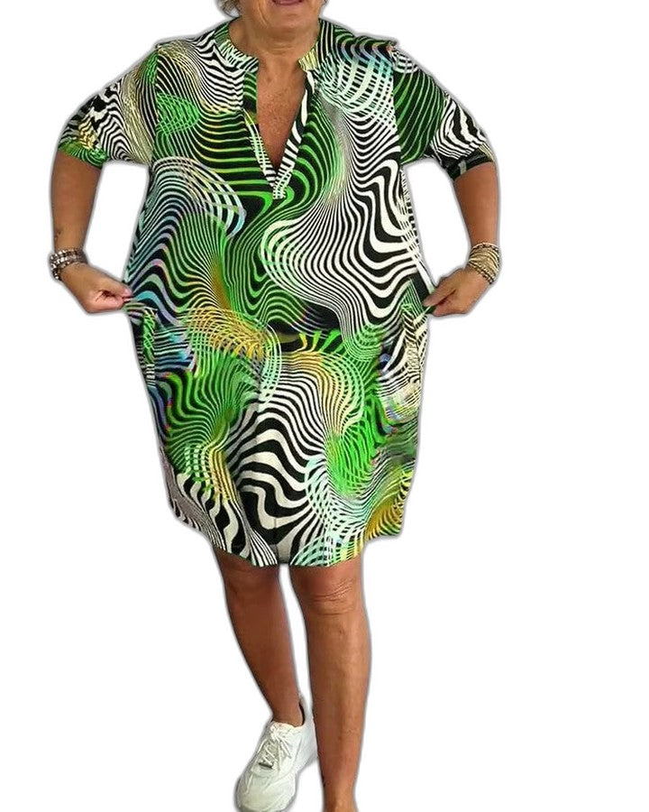 Effortless Abstract Midi Dress for Women with V Neck Short Sleeve Flowing Pockets Casual Style