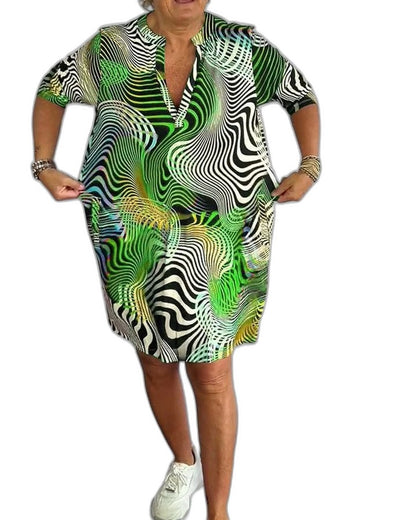 Effortless Abstract Midi Dress for Women with V Neck Short Sleeve Flowing Pockets Casual Style