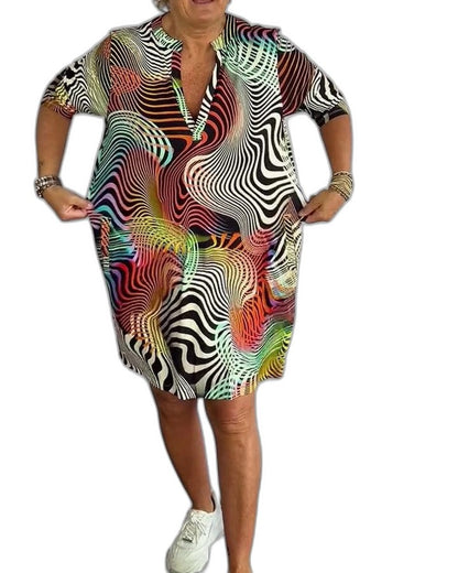 Effortless Abstract Midi Dress for Women with V Neck Short Sleeve Flowing Pockets Casual Style