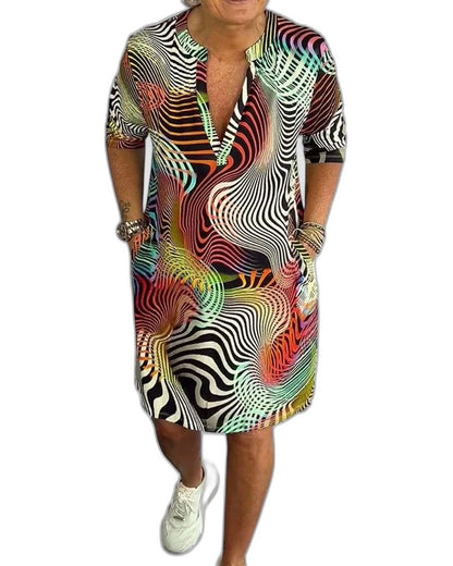 Effortless Abstract Midi Dress for Women with V Neck Short Sleeve Flowing Pockets Casual Style