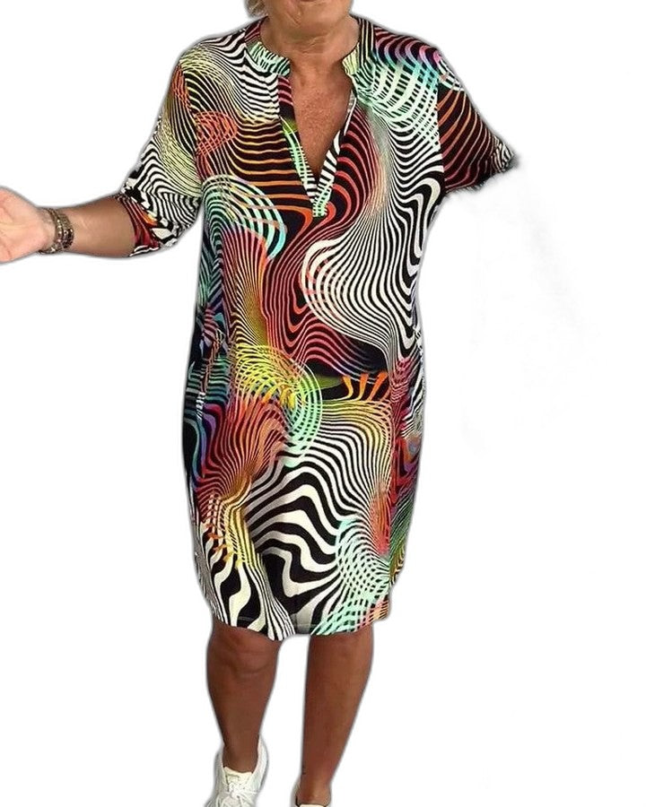Effortless Abstract Midi Dress for Women with V Neck Short Sleeve Flowing Pockets Casual Style