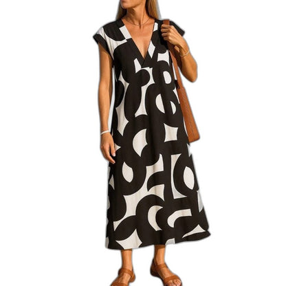 Effortless Abstract Midi Dress for Women with V Neck Sleeveless Flowing Casual Style