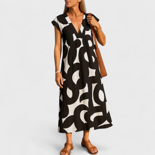 Effortless Abstract Midi Dress for Women with V Neck Sleeveless Flowing Casual Style