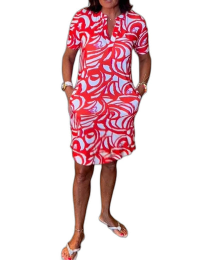 Effortless Abstract Mini Dress for Women with Crew Neck Short Sleeve Bodycon Pockets Casual Style