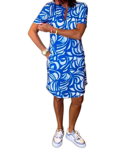 Effortless Abstract Mini Dress for Women with Crew Neck Short Sleeve Bodycon Pockets Casual Style