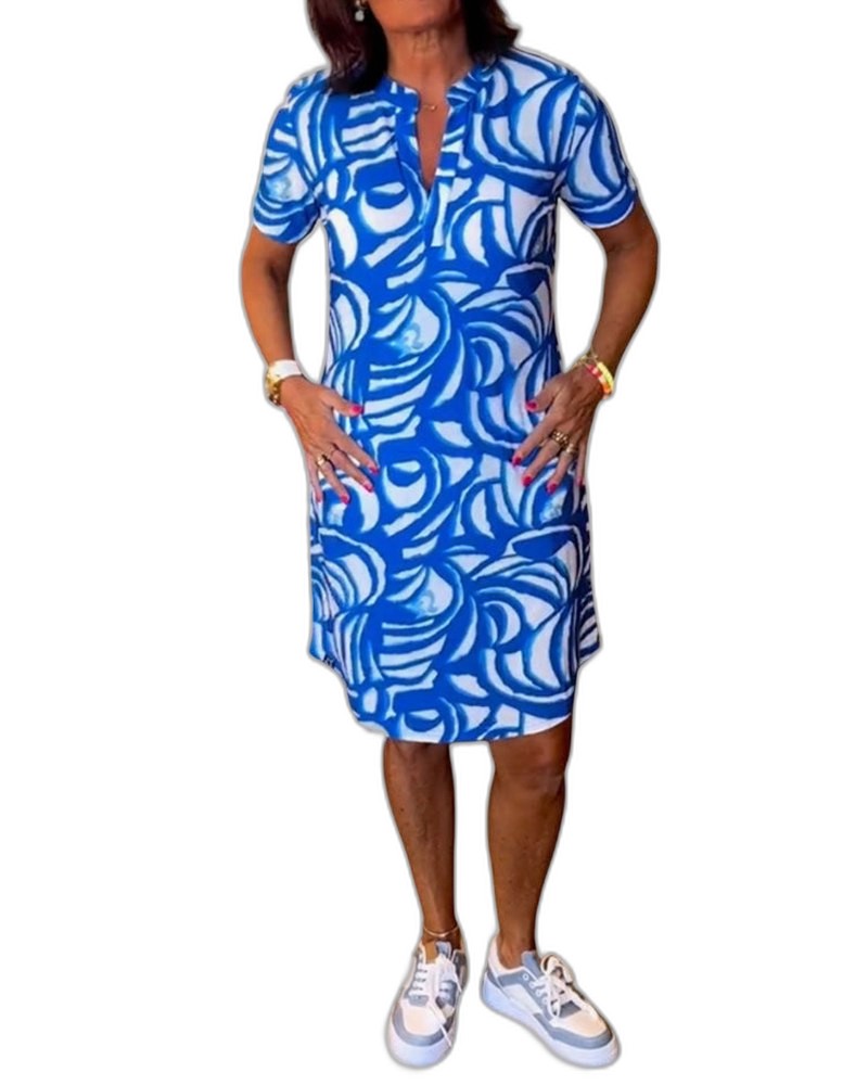 Effortless Abstract Mini Dress for Women with Crew Neck Short Sleeve Bodycon Pockets Casual Style