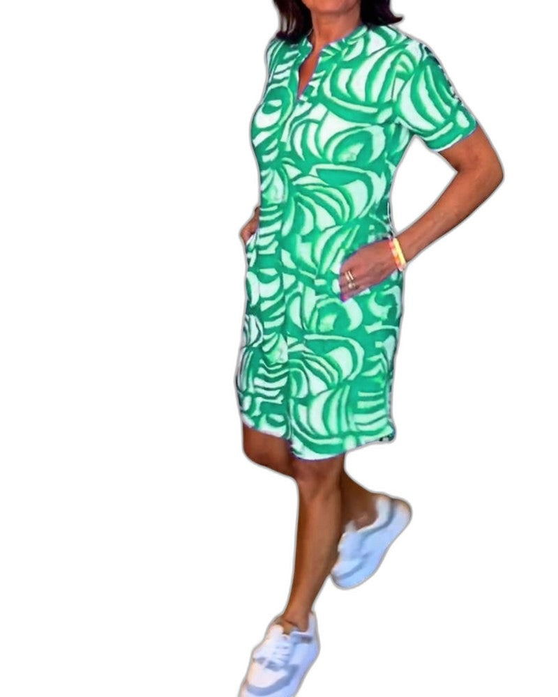 Effortless Abstract Mini Dress for Women with Crew Neck Short Sleeve Bodycon Pockets Casual Style