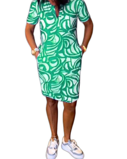 Effortless Abstract Mini Dress for Women with Crew Neck Short Sleeve Bodycon Pockets Casual Style