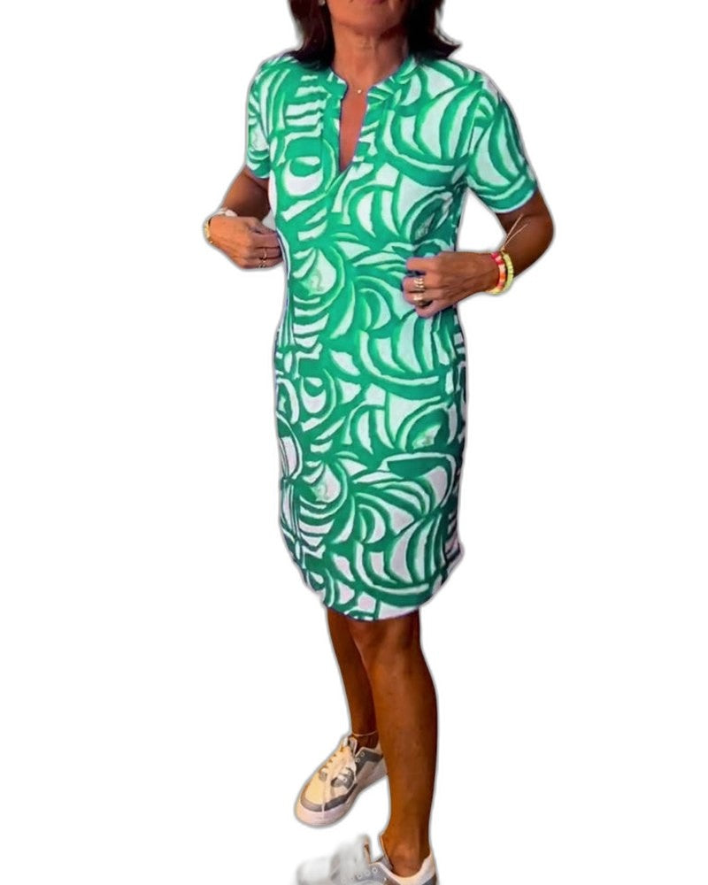 Effortless Abstract Mini Dress for Women with Crew Neck Short Sleeve Bodycon Pockets Casual Style