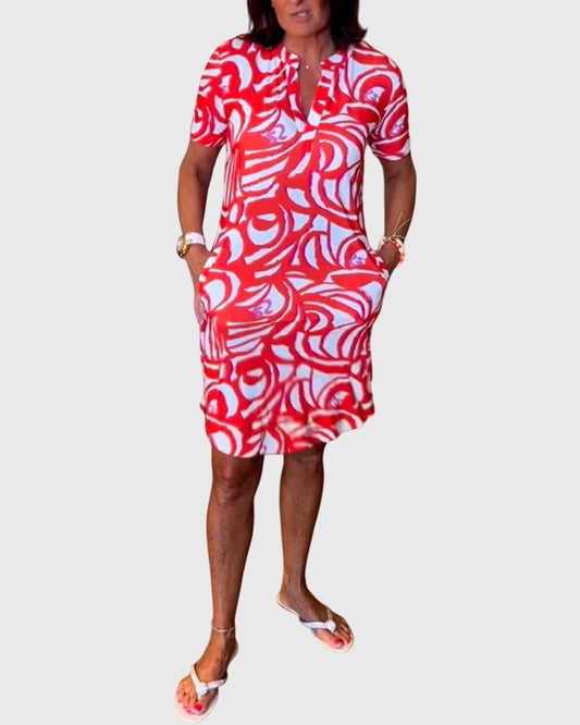 Effortless Abstract Mini Dress for Women with Crew Neck Short Sleeve Bodycon Pockets Casual Style