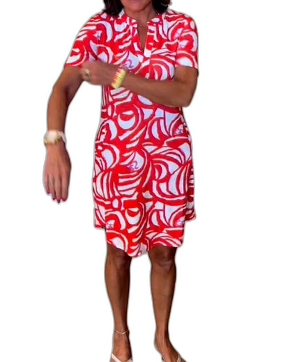 Effortless Abstract Mini Dress for Women with Crew Neck Short Sleeve Bodycon Pockets Casual Style