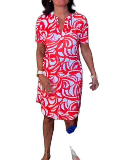Effortless Abstract Mini Dress for Women with Crew Neck Short Sleeve Bodycon Pockets Casual Style