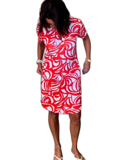 Effortless Abstract Mini Dress for Women with Crew Neck Short Sleeve Bodycon Pockets Casual Style