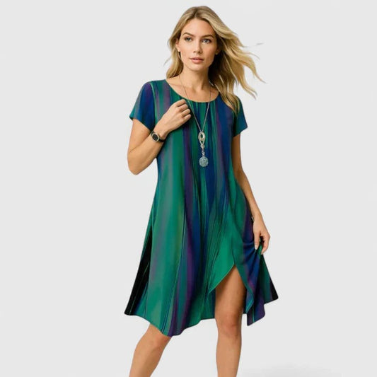 Effortless Abstract Mini Dress for Women with Crew Neck Short Sleeve Flowing Casual Style