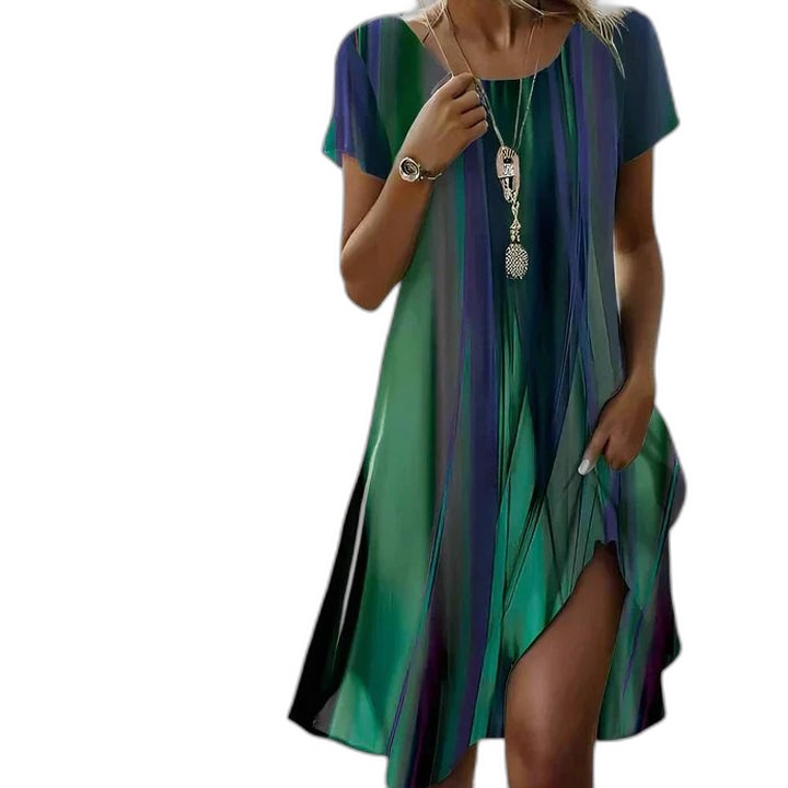 Effortless Abstract Mini Dress for Women with Crew Neck Short Sleeve Flowing Casual Style