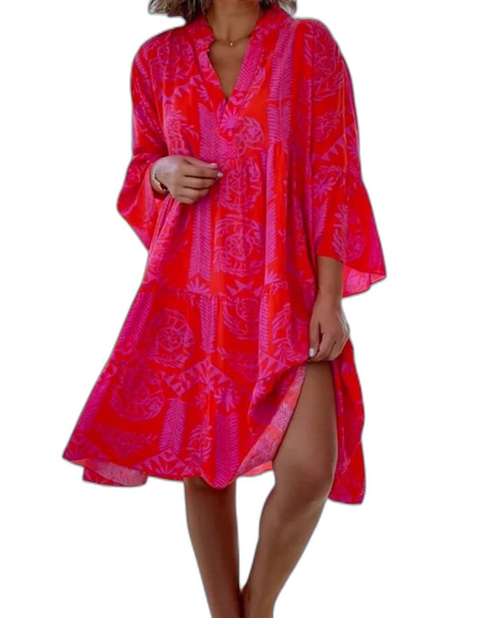 Effortless Abstract Mini Dress for Women with V Neck Elbow Sleeve A Line Flowing Casual Style