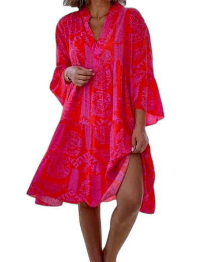Effortless Abstract Mini Dress for Women with V Neck Elbow Sleeve A Line Flowing Casual Style
