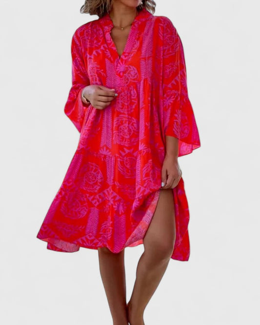 Effortless Abstract Mini Dress for Women with V Neck Elbow Sleeve A Line Flowing Casual Style