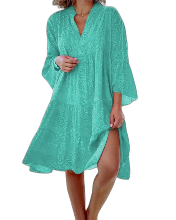 Effortless Abstract Mini Dress for Women with V Neck Elbow Sleeve A Line Flowing Casual Style