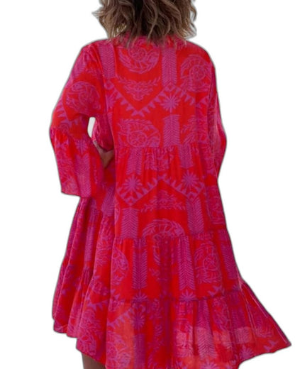 Effortless Abstract Mini Dress for Women with V Neck Elbow Sleeve A Line Flowing Casual Style