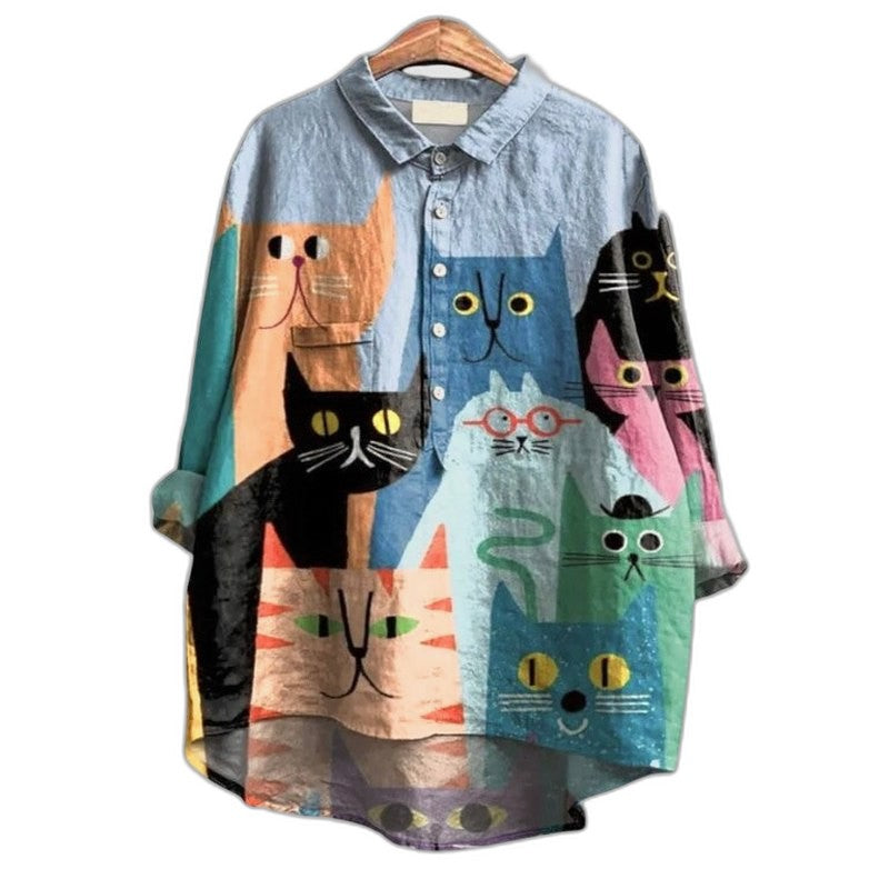 Effortless Abstract Shirt for Women with Collared Long Sleeve Button Front Casual Style