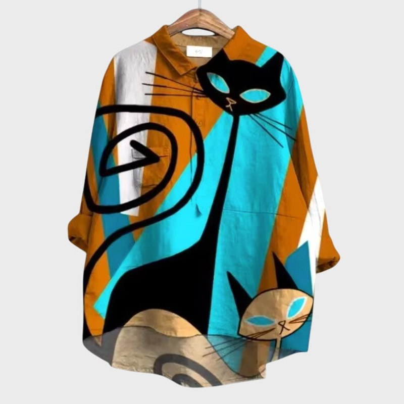 Effortless Abstract Shirt for Women with Collared Long Sleeve Button Front Casual Style