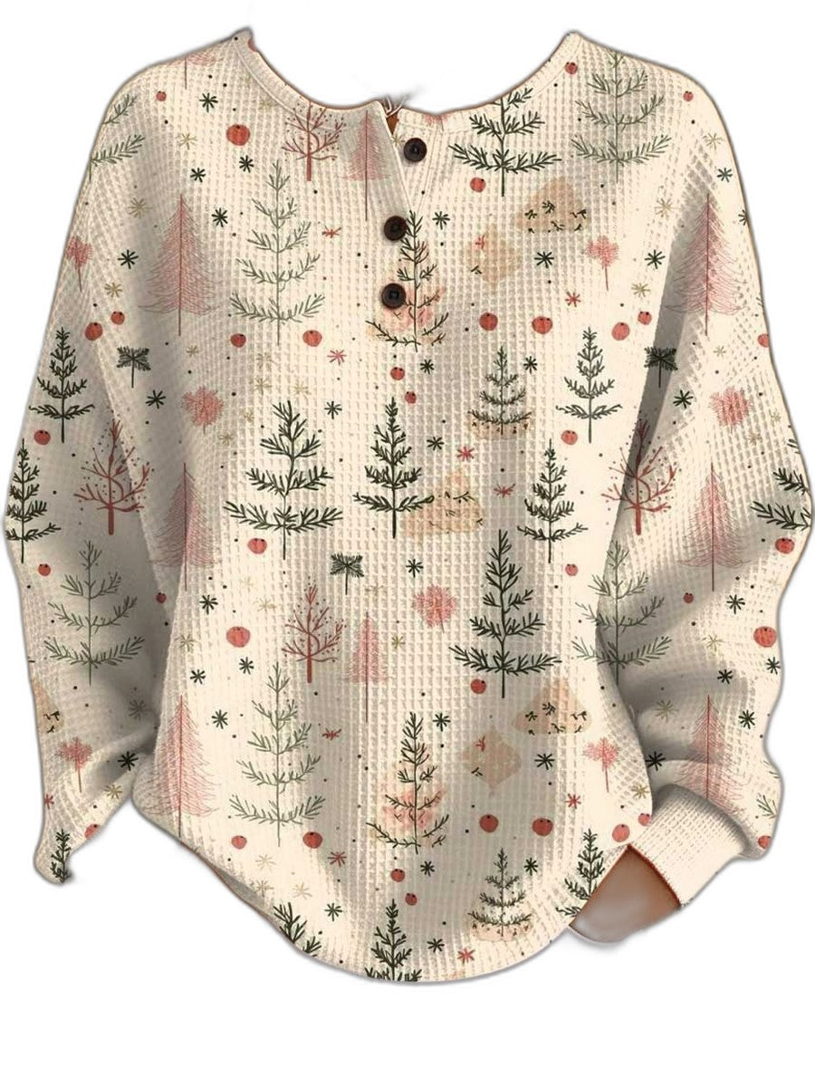 Effortless Abstract Sweater for Women with Crew Neck Long Sleeve Button Front Oversized Casual Style