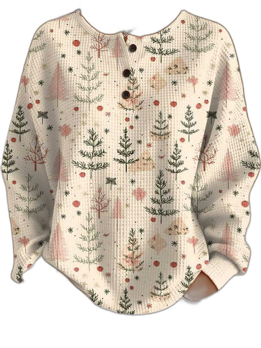 Effortless Abstract Sweater for Women with Crew Neck Long Sleeve Button Front Oversized Casual Style