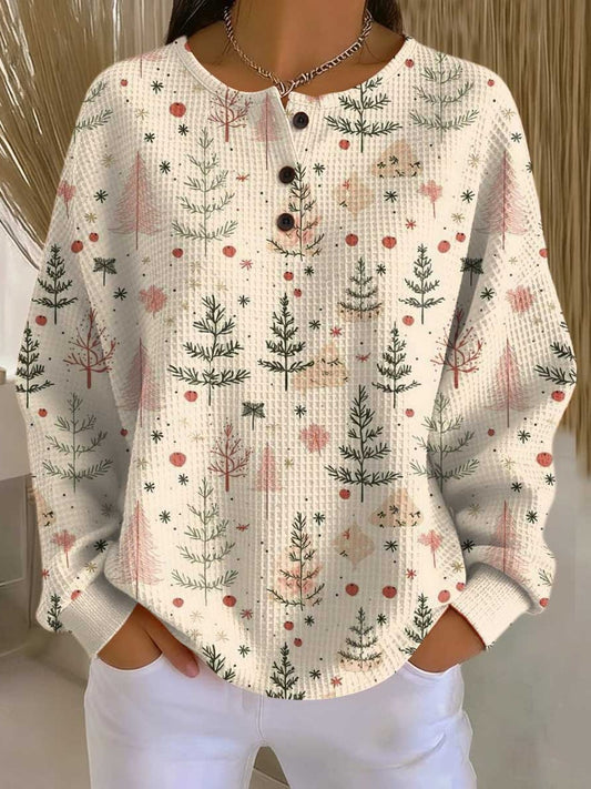 Effortless Abstract Sweater for Women with Crew Neck Long Sleeve Button Front Oversized Casual Style