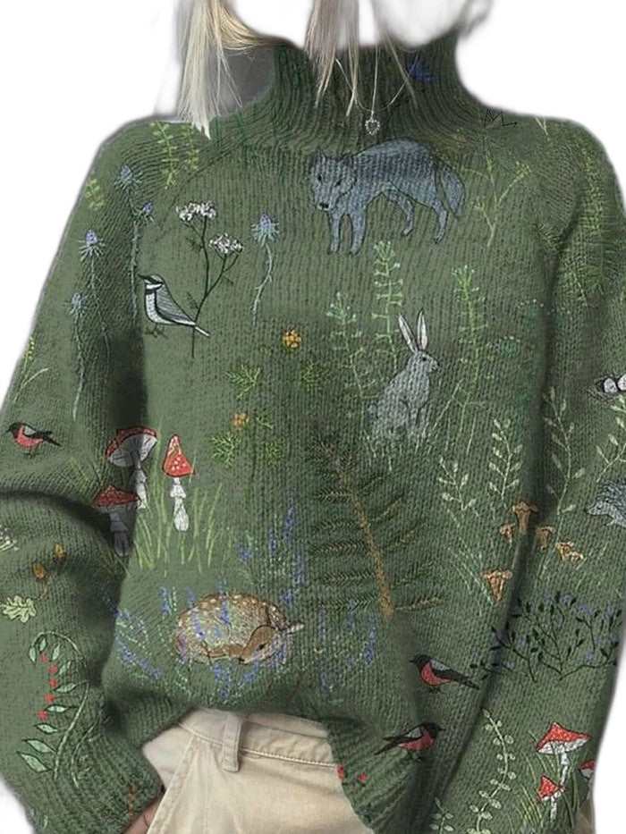 Effortless Abstract Sweater for Women with High Neck Long Sleeve Casual Style