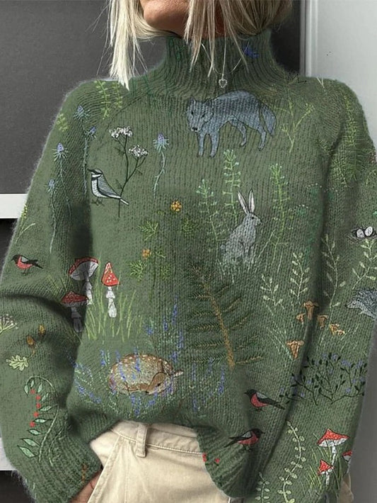 Effortless Abstract Sweater for Women with High Neck Long Sleeve Casual Style