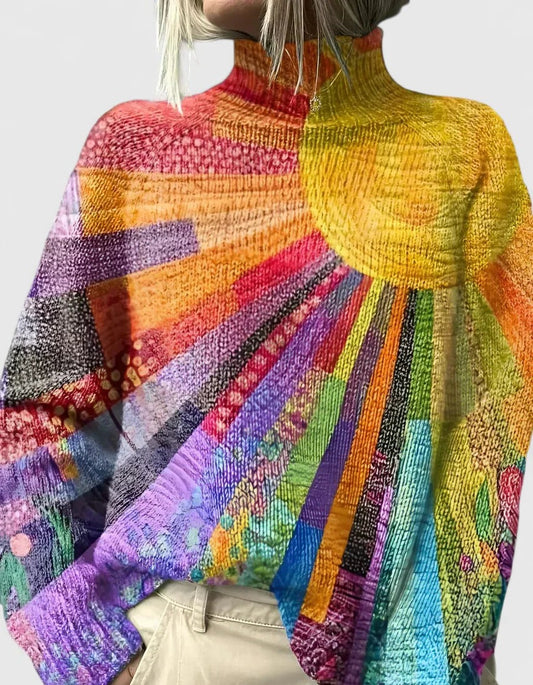 Effortless Abstract Sweater for Women with High Neck Long Sleeve Casual Style