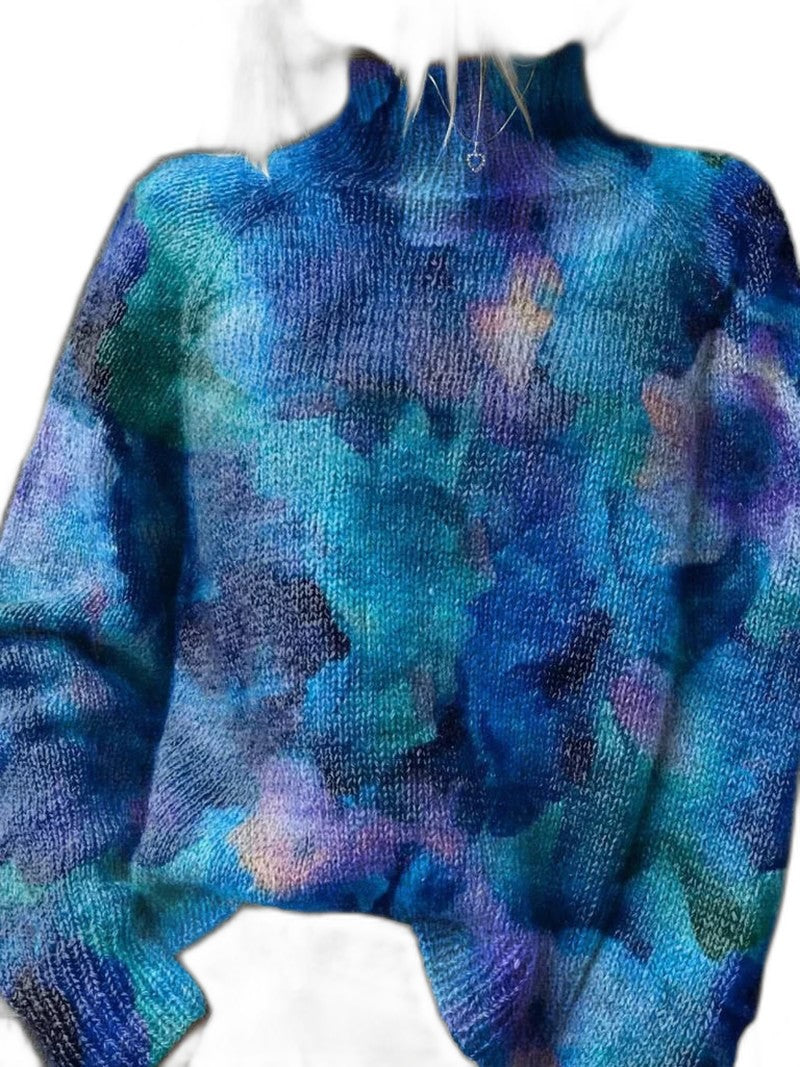 Effortless Abstract Sweater for Women with High Neck Long Sleeve Casual Style