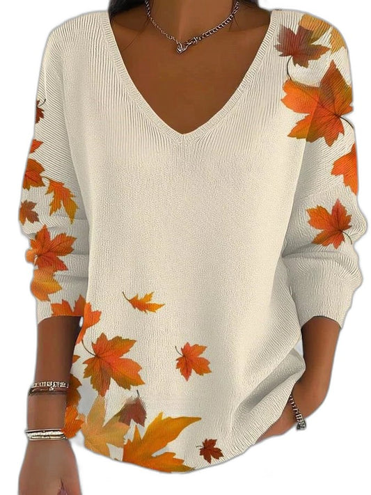 Effortless Abstract Sweater for Women with V Neck Long Sleeve Casual Style