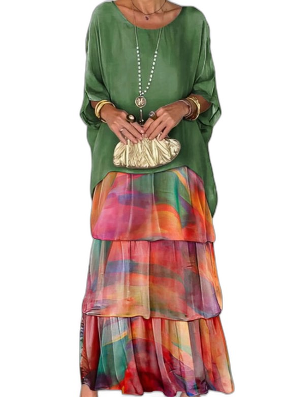 Effortless Abstract Two Piece Set for Women with Tiered Ruffle Flowing Casual Style