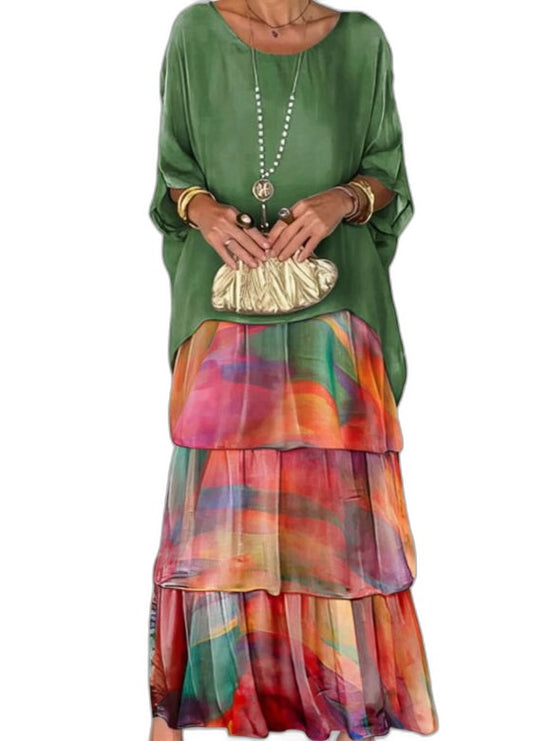 Effortless Abstract Two Piece Set for Women with Tiered Ruffle Flowing Casual Style