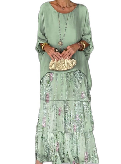 Effortless Abstract Two Piece Set for Women with Tiered Ruffle Flowing Casual Style