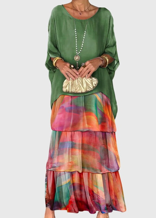 Effortless Abstract Two Piece Set for Women with Tiered Ruffle Flowing Casual Style
