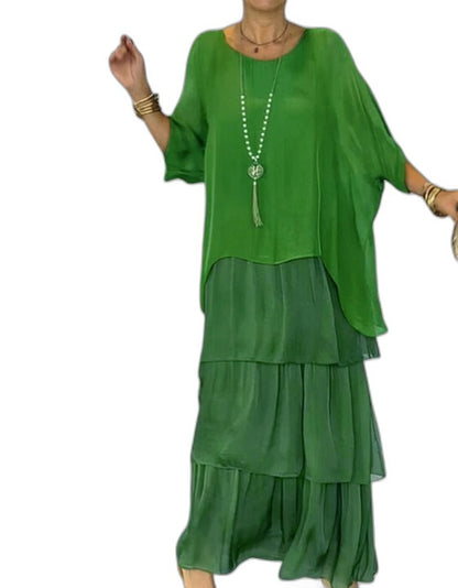 Effortless Abstract Two Piece Set for Women with Tiered Ruffle Flowing Casual Style