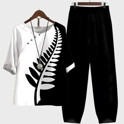 Effortless Abstract Two Piece Set for Women with Wide Leg Casual Style